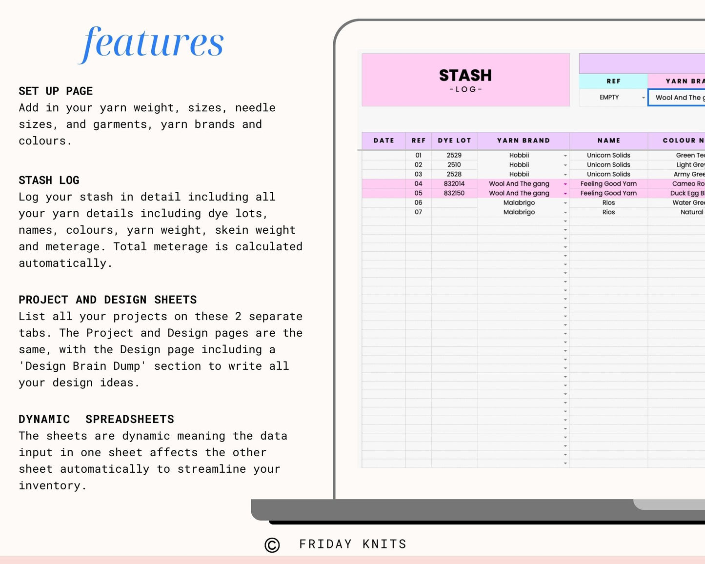 Yarn Inventory Knitting Project Library Spreadsheet