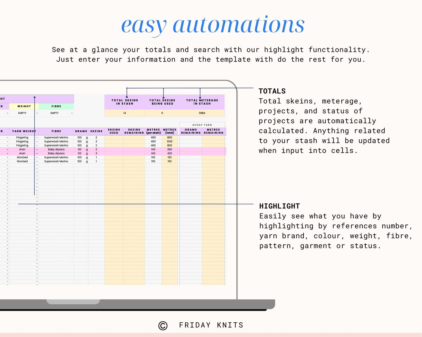 Yarn Inventory Knitting Project Library Spreadsheet