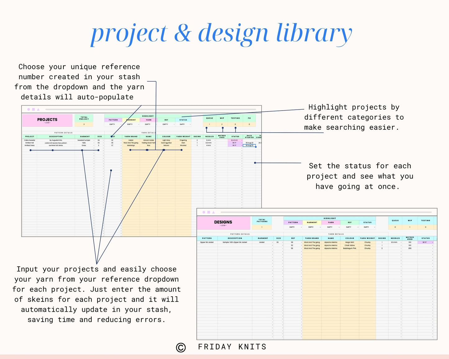 Yarn Inventory Knitting Project Library Spreadsheet