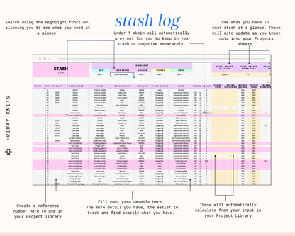 Yarn Inventory Knitting Project Library Spreadsheet