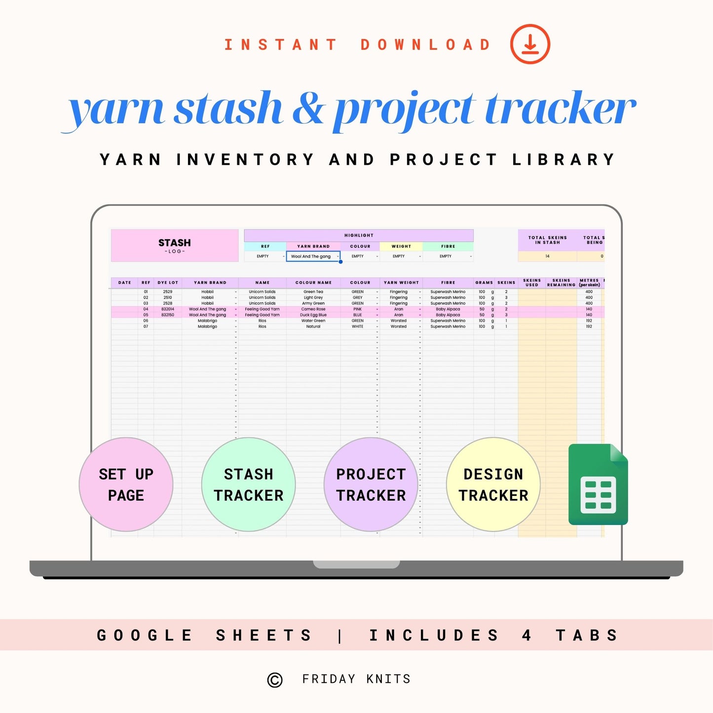 Yarn Inventory Knitting Project Library Spreadsheet